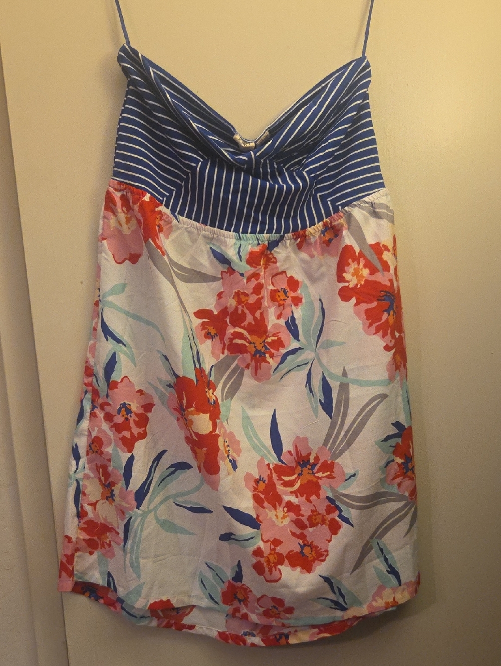 Roxy Strapless Floral Sundress with Navy Stripe Bodice